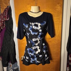 Lord & Taylor Deep Blue Floral Short Sleeve Blouse
